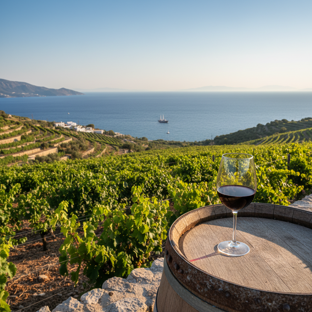 Vinhedo pitoresco em uma ilha mediterrânea, com parreiras verdes se estendendo em direção ao mar azul. Um copo de vinho tinto repousa sobre um barril de madeira rústico no primeiro plano, com o sol iluminando a paisagem.