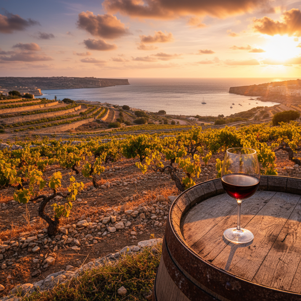 Vinhedo ensolarado em socalcos em Malta com o Mar Mediterrâneo ao fundo e uma taça de vinho tinto sobre um barril de madeira.