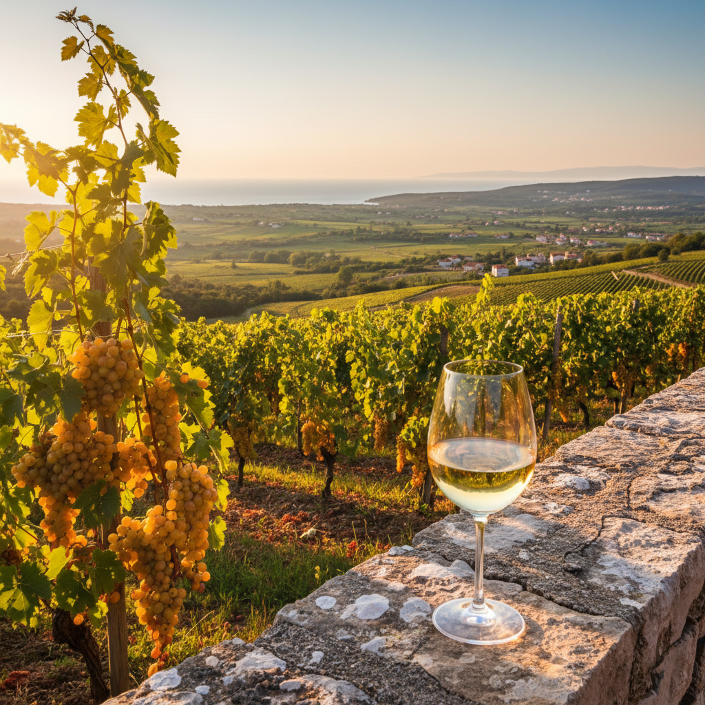 Vinhedo de Malvazija Istarska na Ístria, Croácia, com uma taça de vinho branco ao pôr do sol e vista para o mar Adriático.
