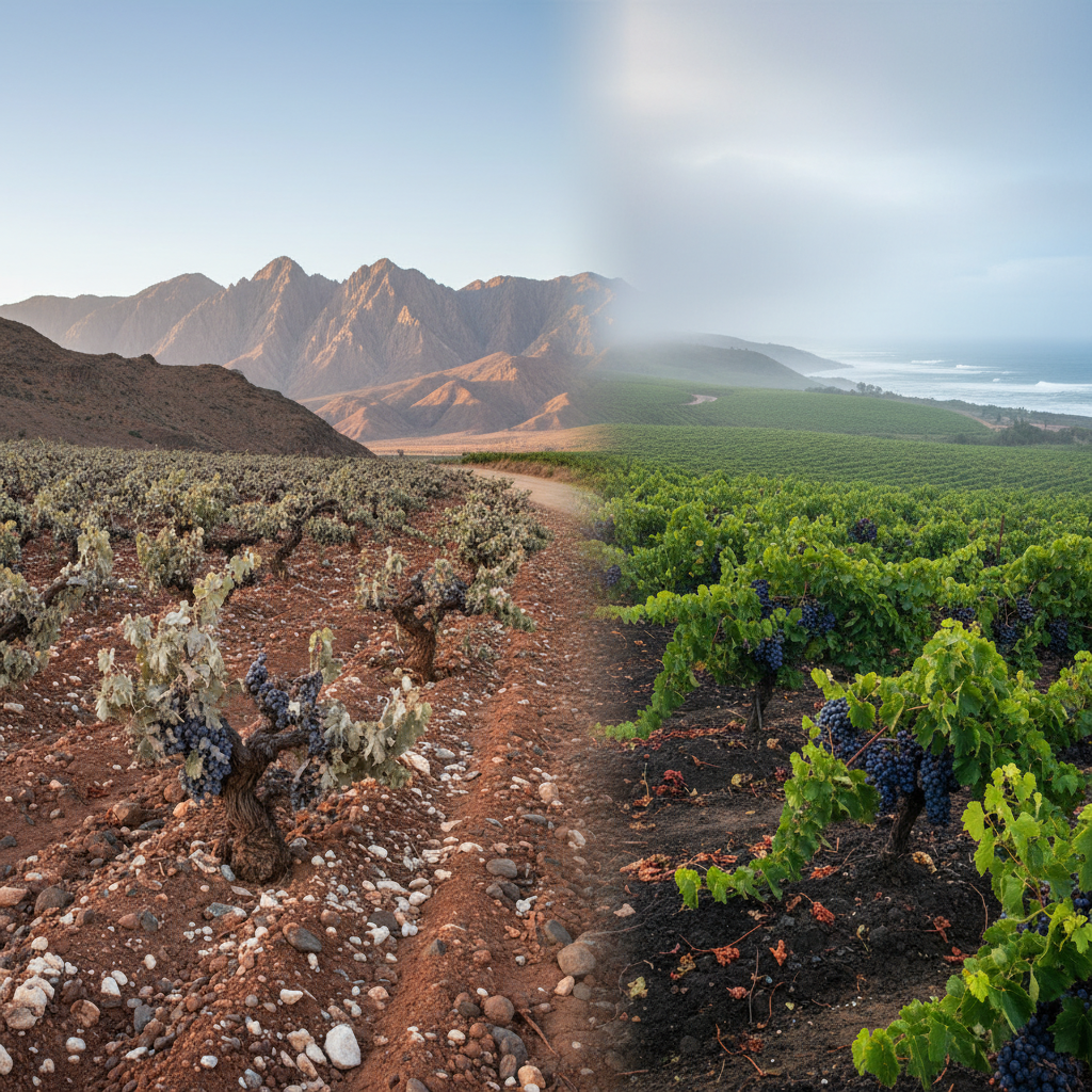 Vinhedos chilenos emergentes, mostrando a transição de paisagens áridas do norte para vales verdes do sul, simbolizando a diversidade do terroir.