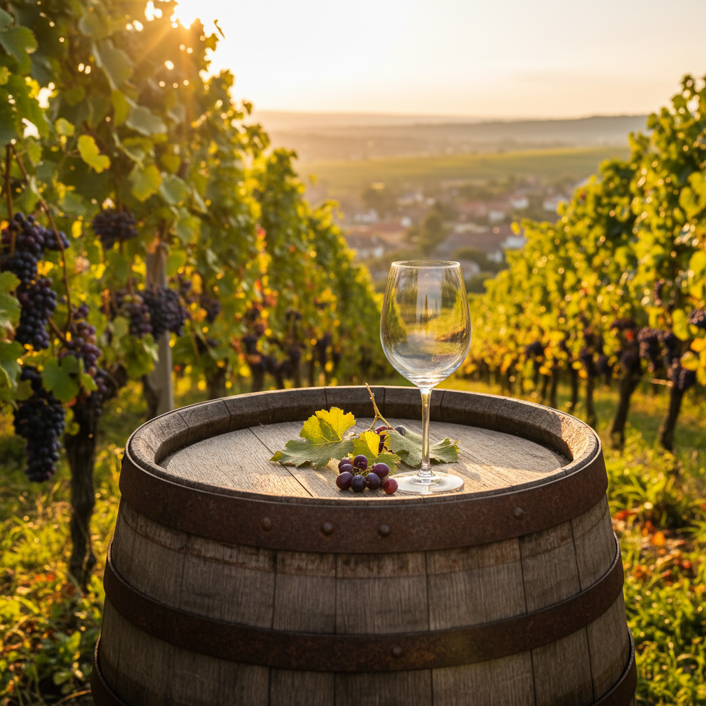 Vista panorâmica de um vinhedo eslovaco ao pôr do sol, com um barril de vinho de madeira e uma taça de vinho refletindo a luz dourada.