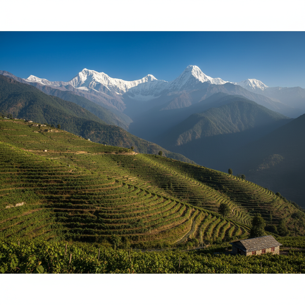Vinhedos em socalcos nas montanhas do Nepal, com picos nevados ao fundo, ilustrando uma das zonas vitivinícolas essenciais.
