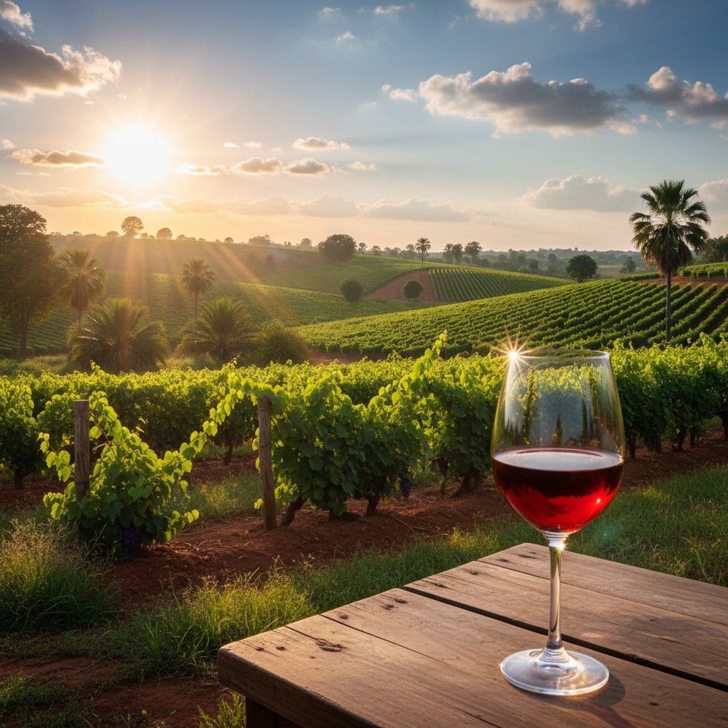 Vinhedo vibrante em uma paisagem nigeriana, com um copo de vinho em destaque, simbolizando o surgimento de uma nova fronteira vinícola.
