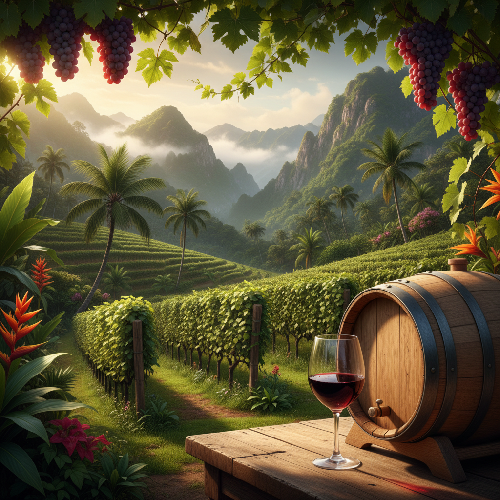 Vinhedo exuberante em uma região montanhosa tropical da Venezuela, com um barril de vinho e uma taça em destaque, simbolizando a viticultura inesperada do país.