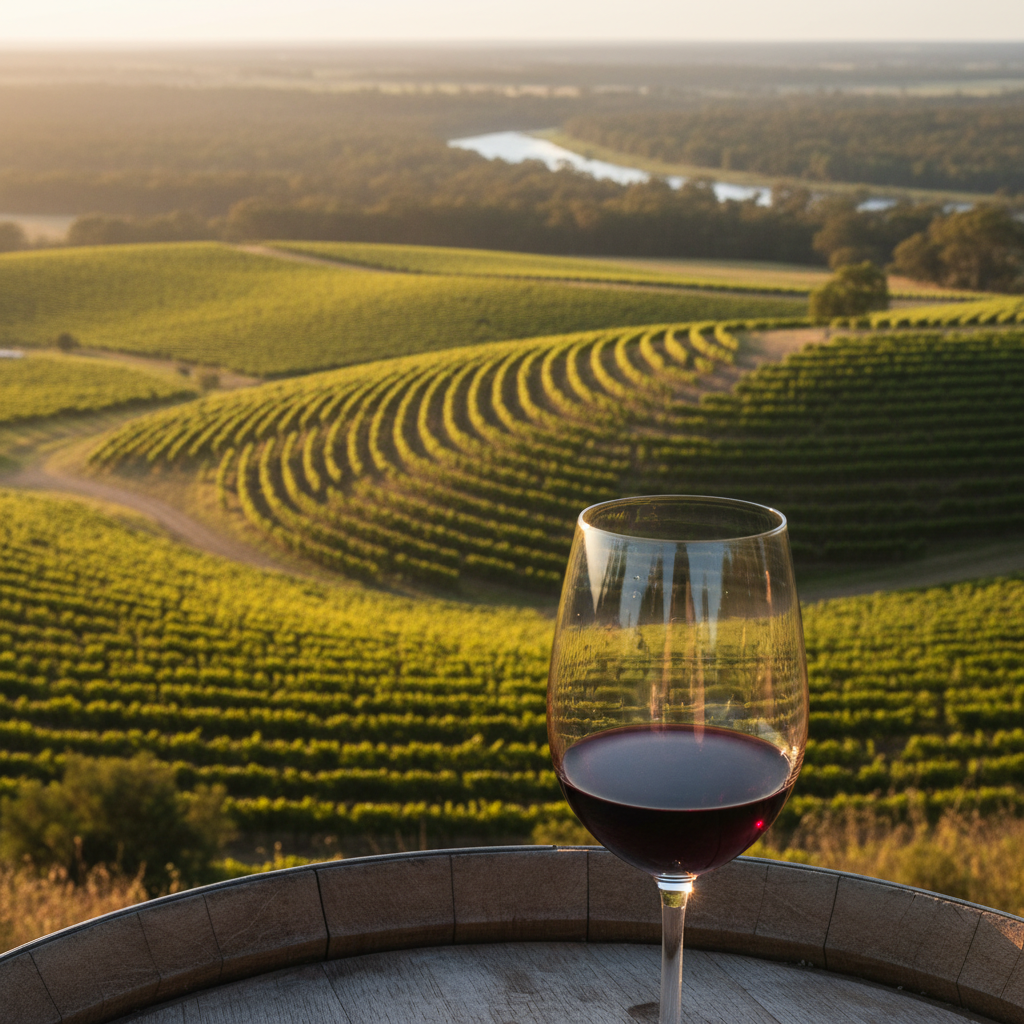 Vinhedos de Margaret River ao pôr do sol com uma taça de vinho tinto em primeiro plano.