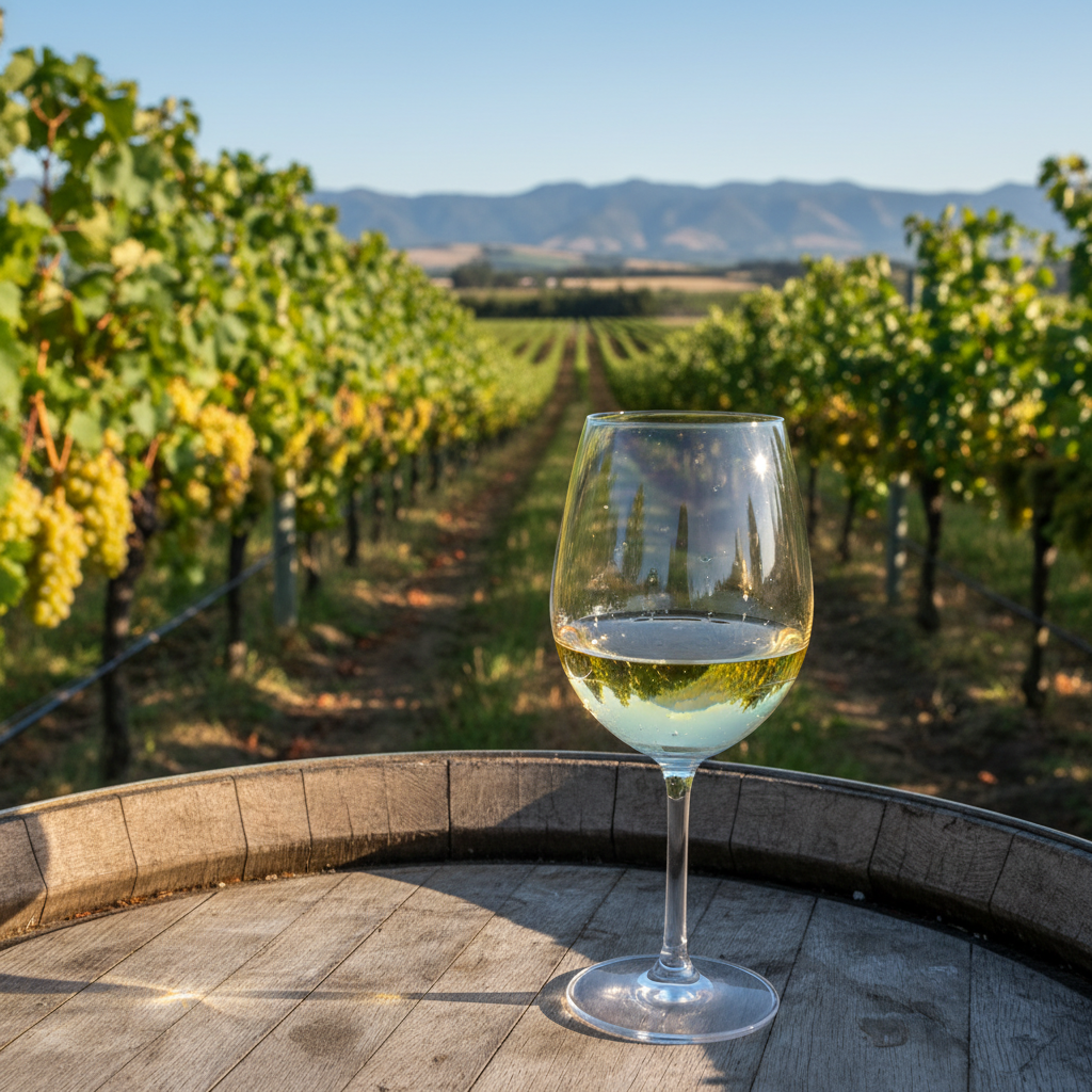 Taça de vinho Sauvignon Blanc de Marlborough, Nova Zelândia, repousando sobre um barril de carvalho com um vasto vinhedo ao fundo sob um céu azul.