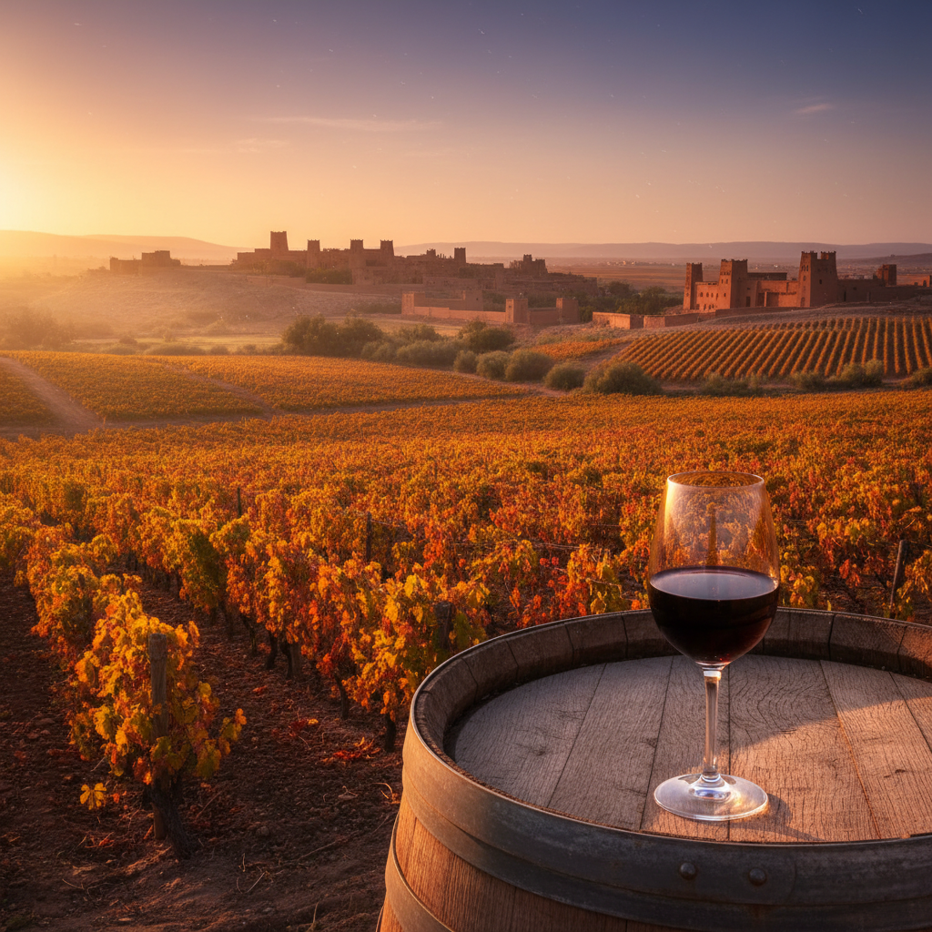 Vinhedo marroquino ao pôr do sol com arquitetura tradicional e uma taça de vinho tinto sobre um barril de madeira.