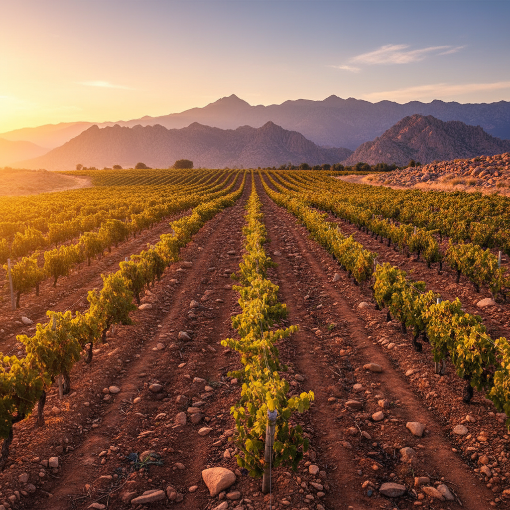 Vinhedo de Marrocos com solo avermelhado e as imponentes Montanhas Atlas ao fundo, sob a luz dourada do pôr do sol.