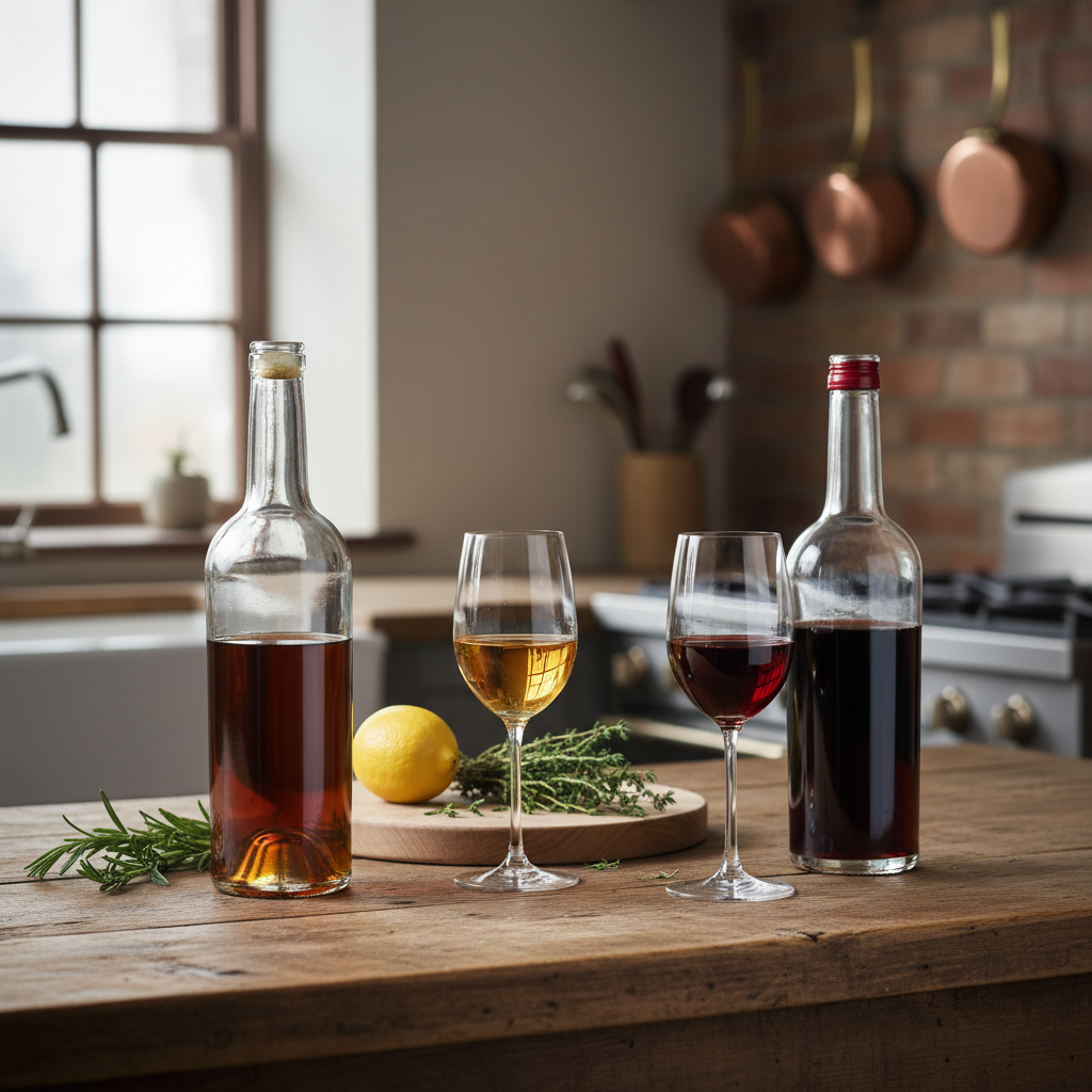 Garrafas abertas de Marsala e Vermouth em uma bancada de cozinha rústica, com taças cheias e ingredientes para culinária e coquetéis.