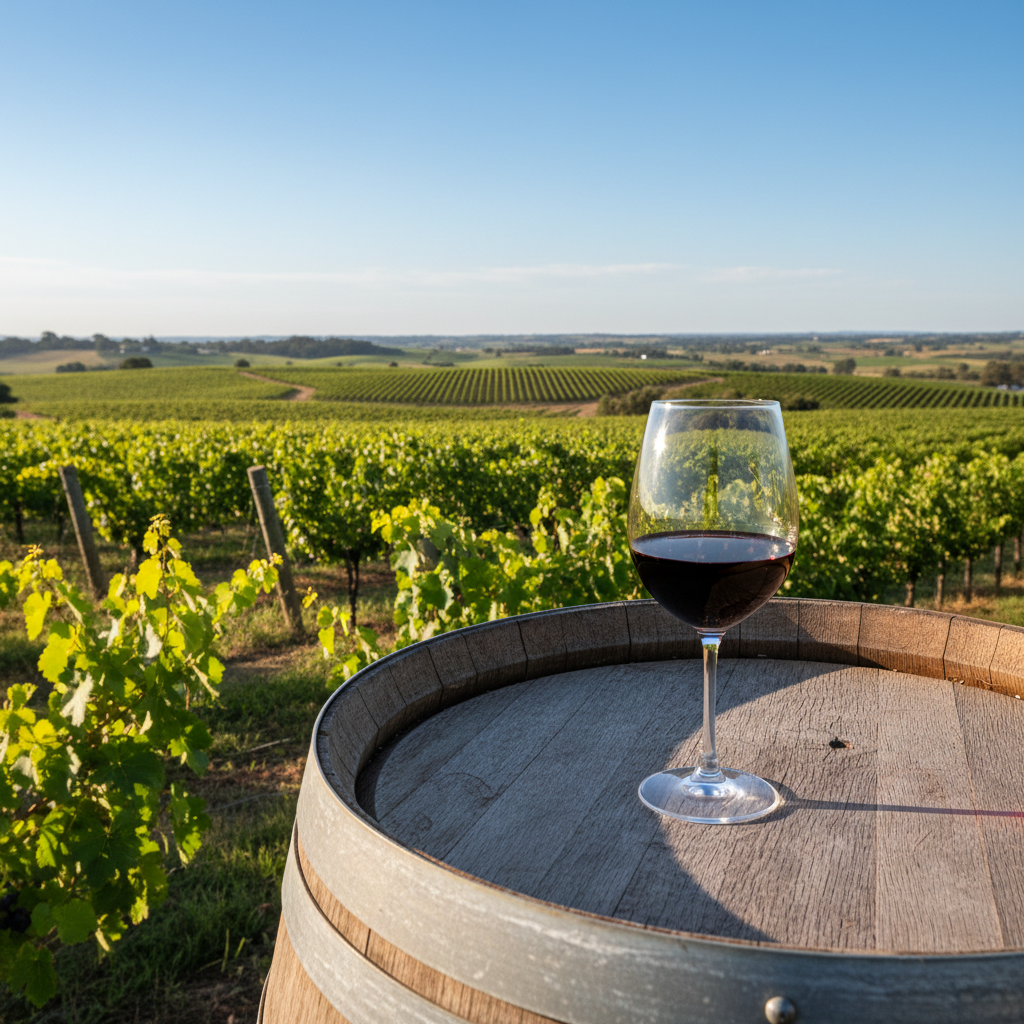 Taça de vinho tinto sobre barril de madeira em um exuberante vinhedo de McLaren Vale sob o sol.
