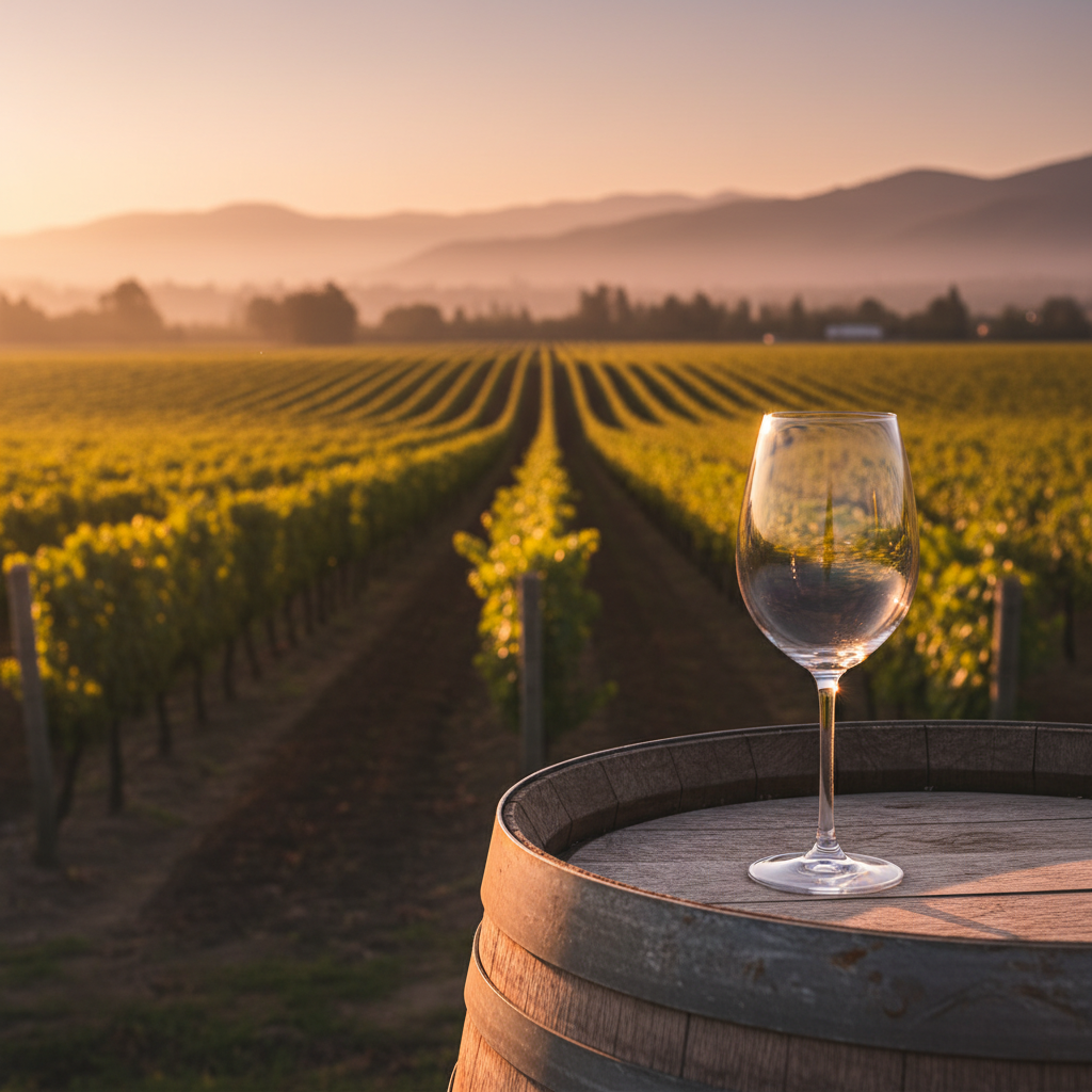 Vinhedo chileno ao pôr do sol com um copo de vinho tinto sobre um barril de carvalho, simbolizando vinhos de excelente custo-benefício.