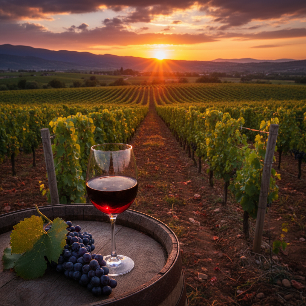 Vinhedo albanês ao pôr do sol com taça de vinho tinto, paisagem vinícola.