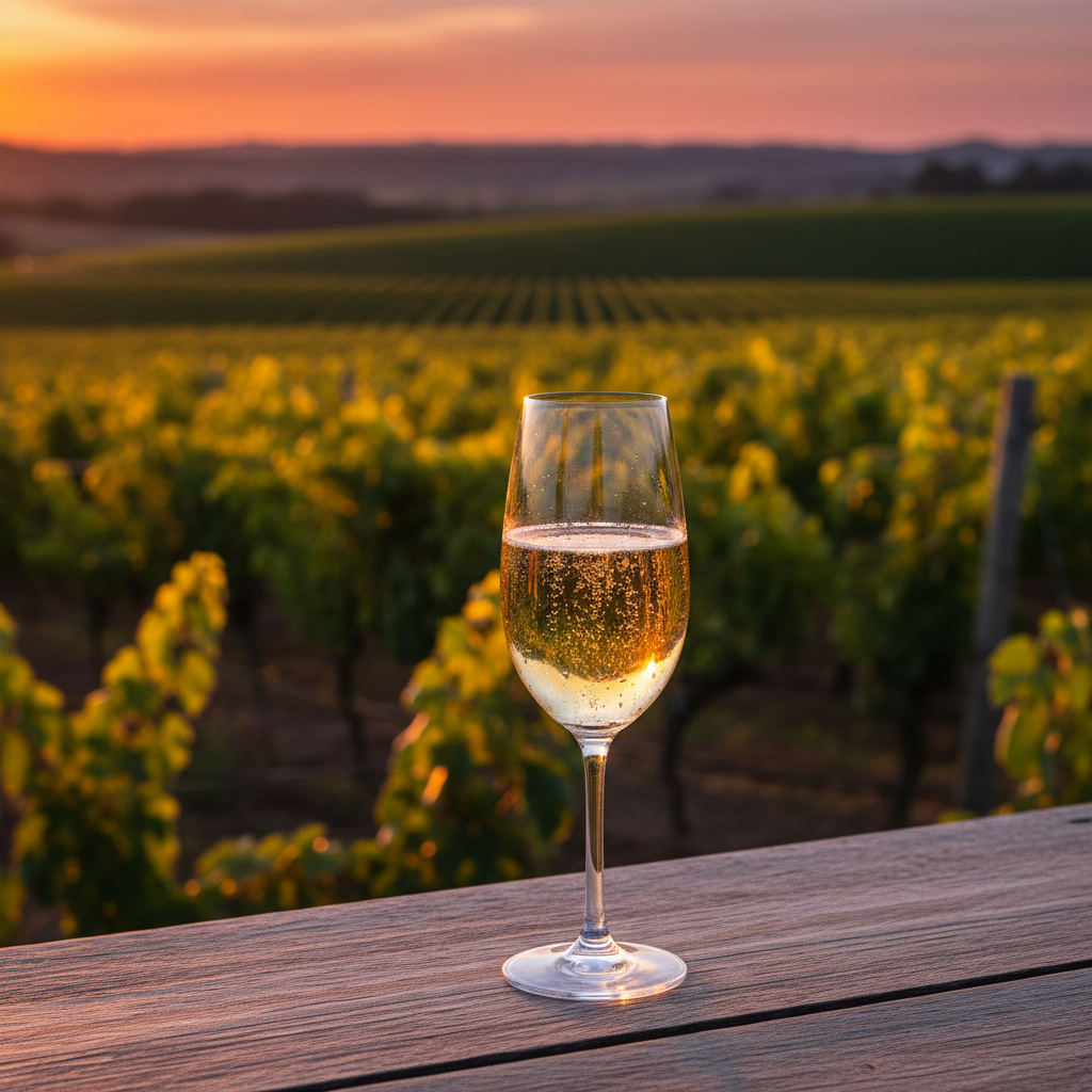 Taça de espumante brasileiro borbulhante em primeiro plano, com um exuberante vinhedo do sul do Brasil ao pôr do sol desfocado ao fundo.