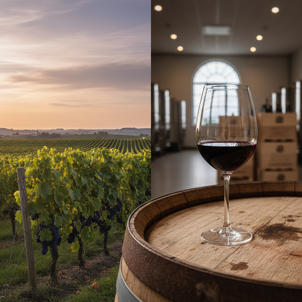 Vinhedo dinamarquês ao pôr do sol com vinhas verdes e um copo de vinho tinto sobre um barril de carvalho em uma adega moderna.