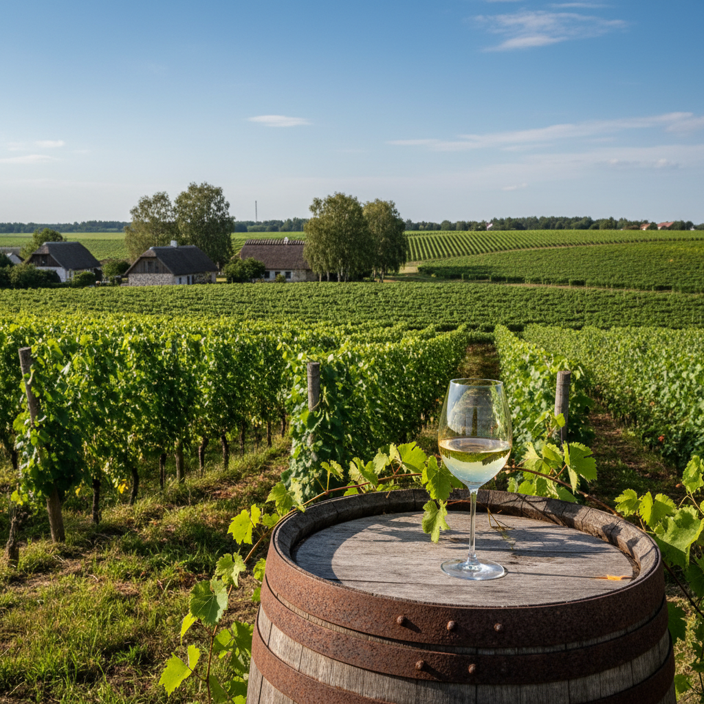 Vinhedo estoniano com taça de vinho e barril de madeira, ao fundo arquitetura tradicional.