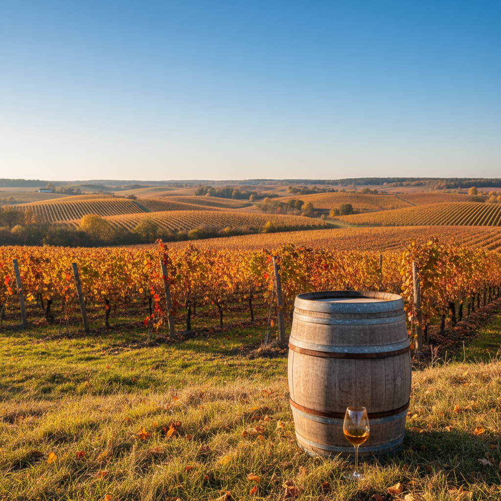 Vinhedo estoniano no outono com barril de madeira e taça de vinho, pronto para uma degustação.