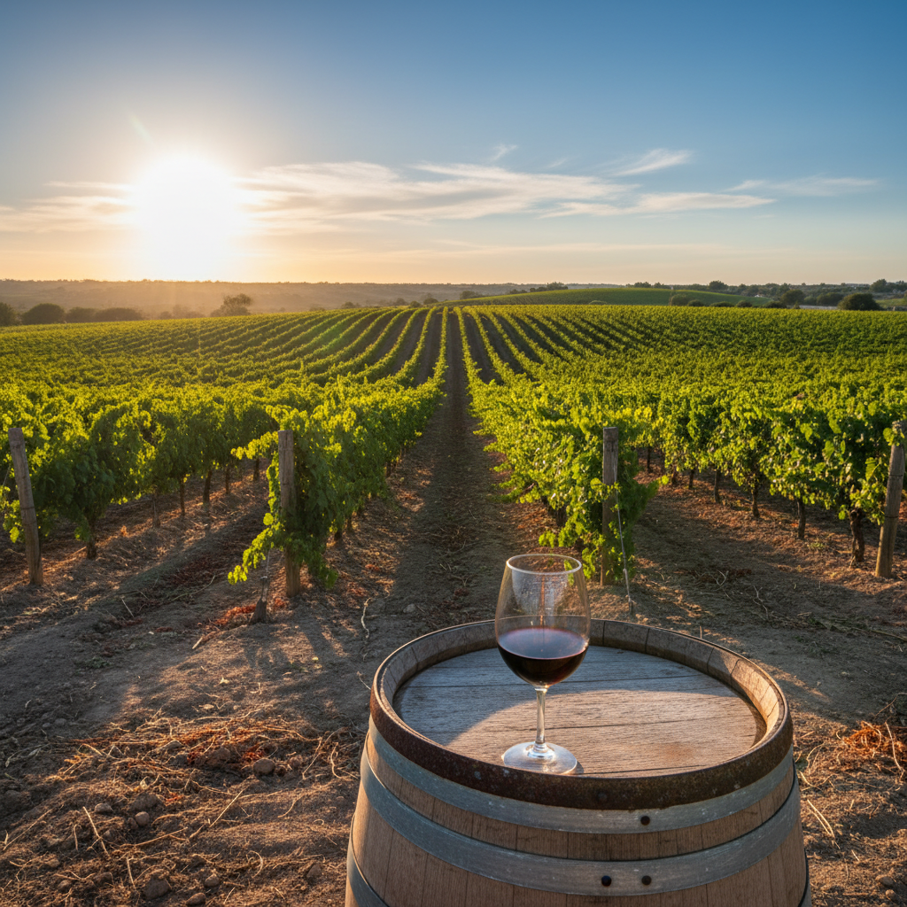 Vinhedo ensolarado no Valle de Guadalupe, México, com barril de carvalho e taça de vinho tinto ao pôr do sol.