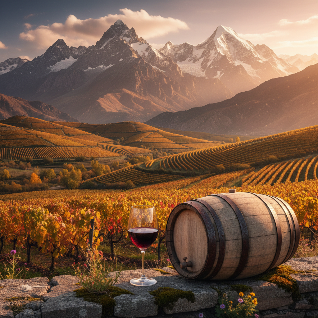 Vinhedo exuberante com montanhas nevadas ao fundo no Quirguistão, com um barril de vinho rústico em primeiro plano, durante o pôr do sol.