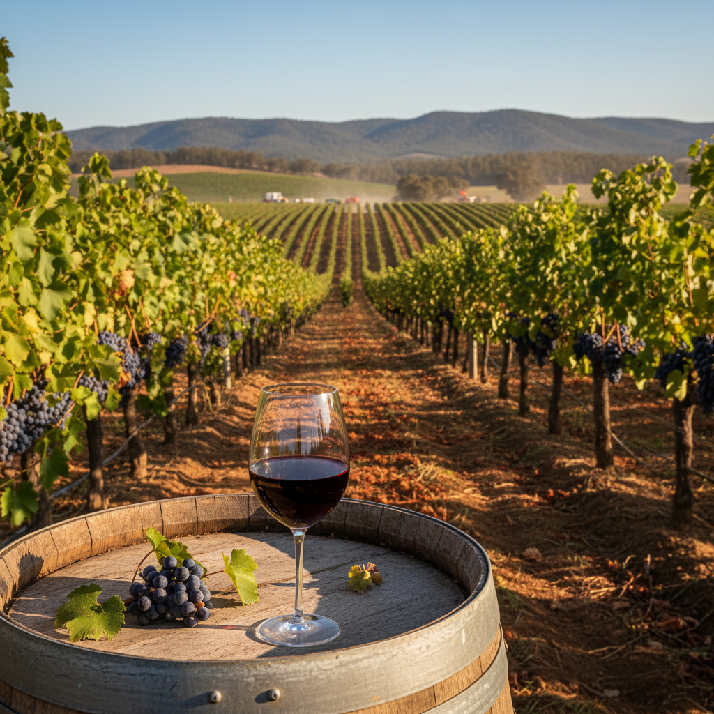 Vinhedo australiano ensolarado durante a colheita, com vinhas carregadas e uma taça de vinho tinto repousando sobre um barril de carvalho, sob um céu azul.