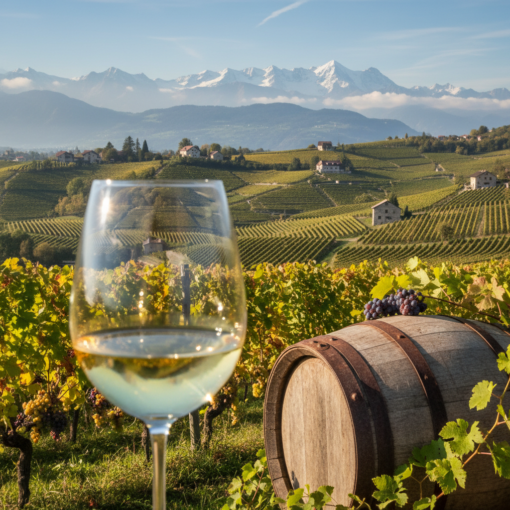 Taça de vinho branco suíço em um vinhedo pitoresco com os Alpes ao fundo e um barril de carvalho.