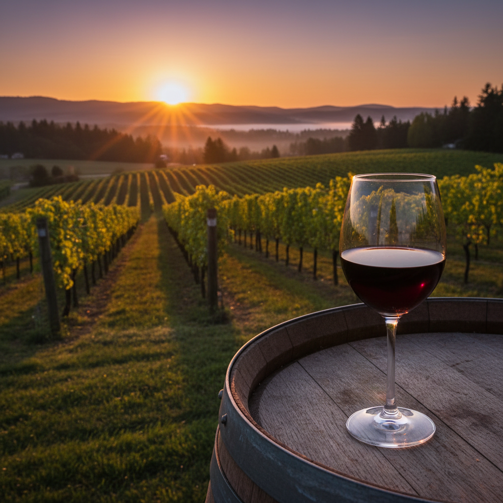 Taça de vinho tinto sobre um barril de carvalho em um vinhedo canadense ao pôr do sol, com fileiras de videiras e colinas ao fundo.