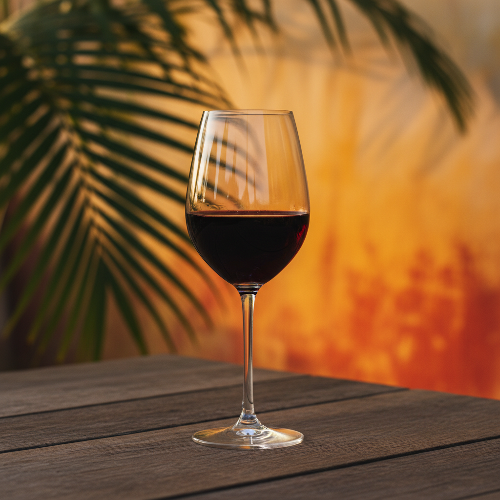 Taça de vinho tinto sobre mesa de madeira, com fundo que remete a um ambiente tropical e acolhedor.