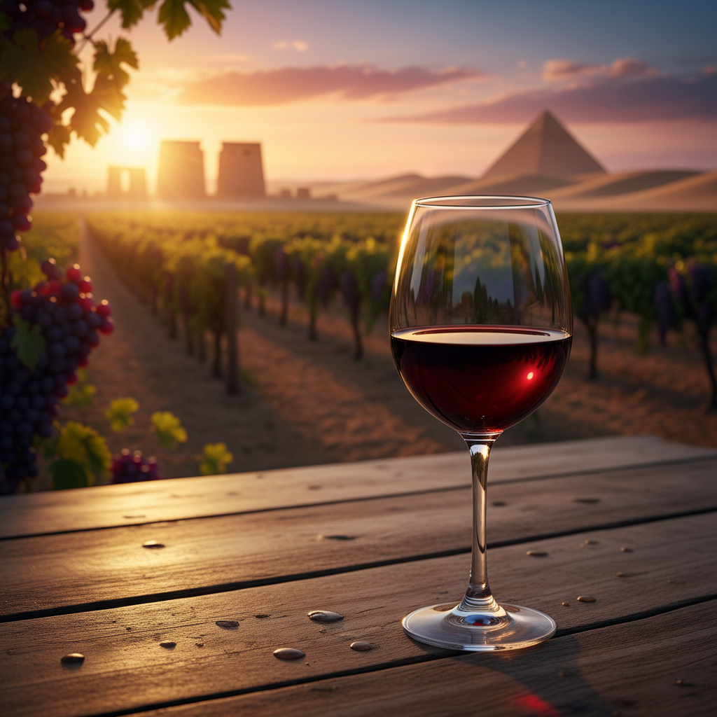 Taça de vinho tinto sobre mesa rústica com vinhedo egípcio ao pôr do sol e ruínas antigas ao fundo.