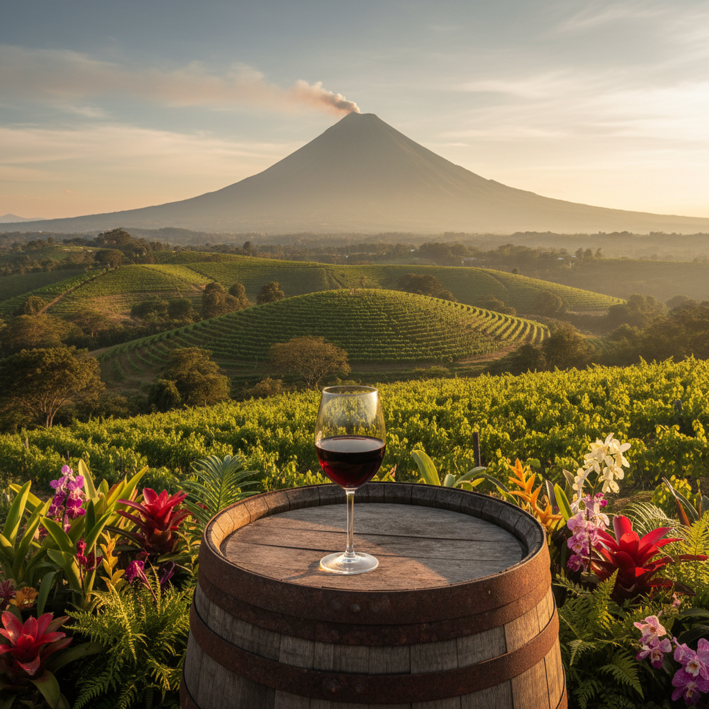 Vinhedo exuberante nas montanhas da Guatemala, com um vulcão ao fundo, e uma taça de vinho tinto sobre um barril de carvalho, sob a luz do sol.