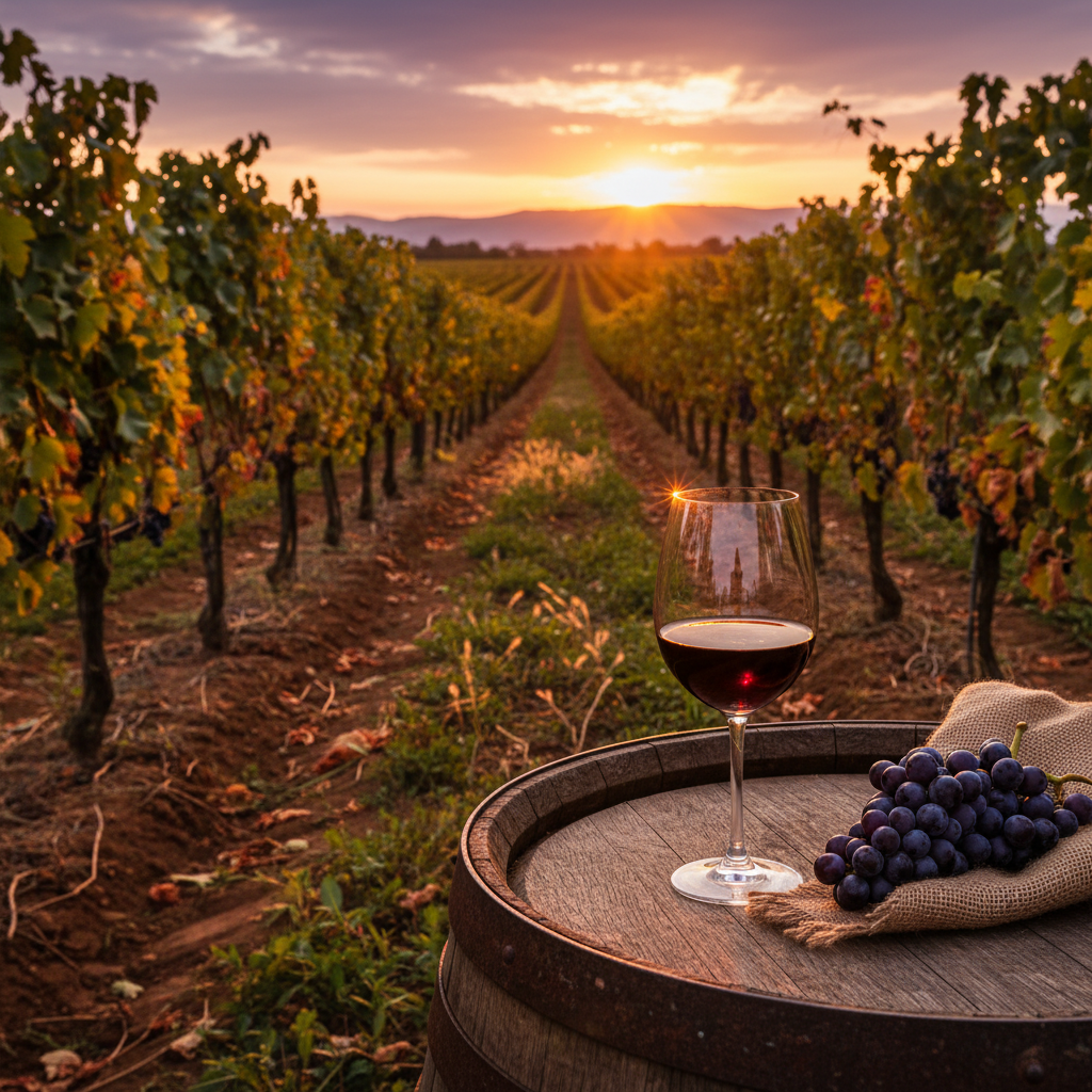 Vinhedo indiano ao pôr do sol com taça de vinho e barril de carvalho, evocando a qualidade e a paisagem vinícola da Índia.
