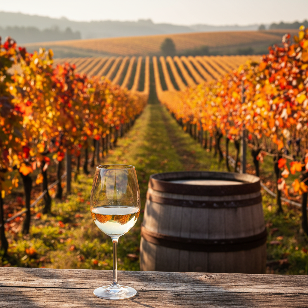 Vinhedo japonês em plena colheita de outono, com uma taça de vinho branco em primeiro plano e barris de madeira ao fundo.