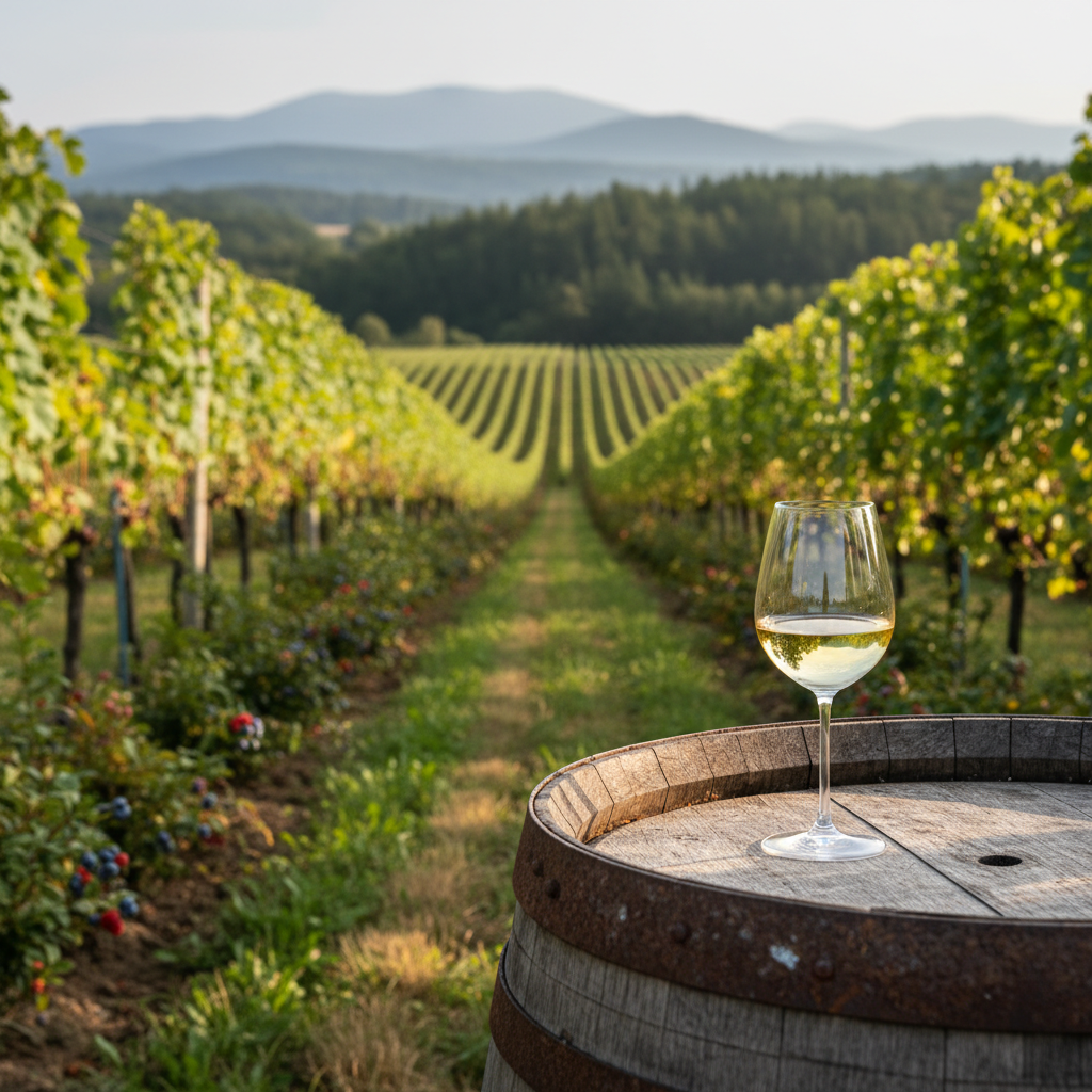 Vinhedo pitoresco em clima frio com taça de vinho claro em barril rústico, sob luz solar suave, representando a produção de vinhos na Letônia.