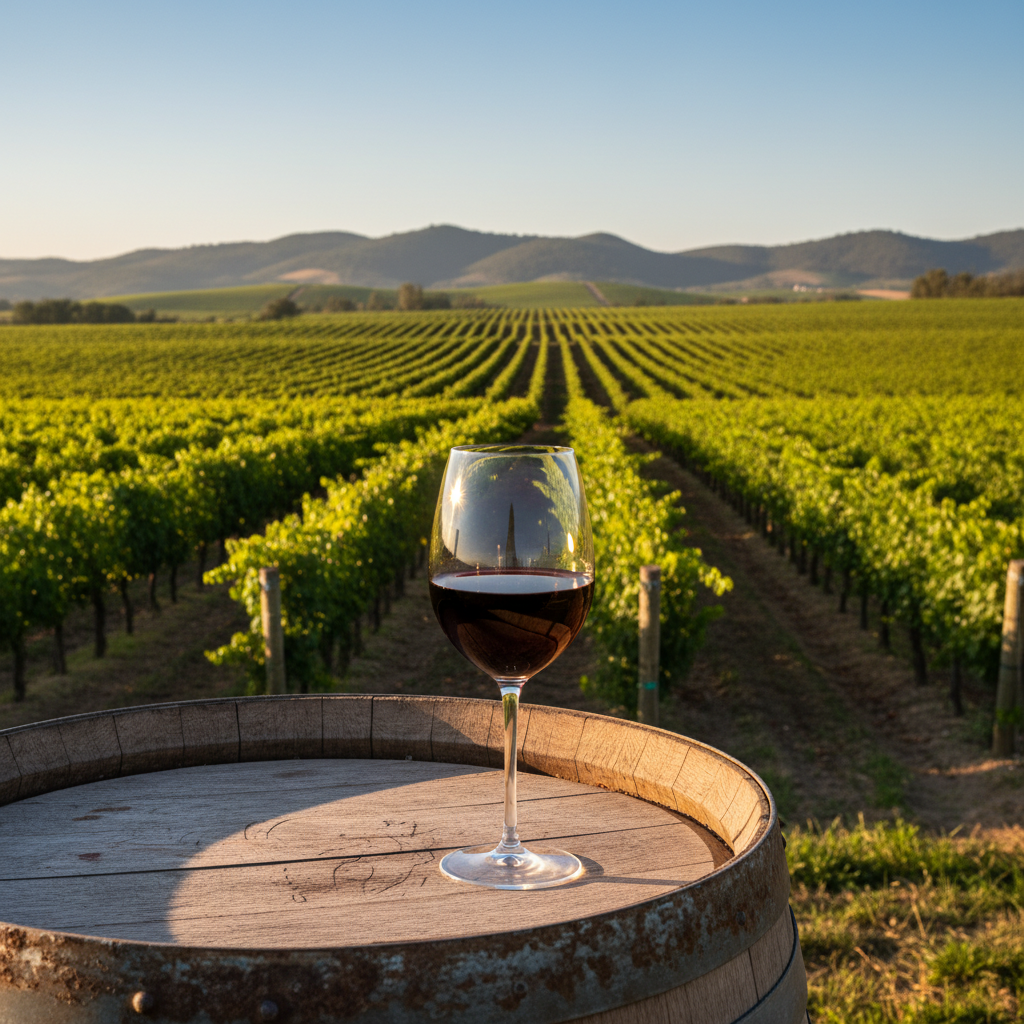 Um copo de vinho tinto repousa sobre um barril de carvalho rústico em um vinhedo mexicano exuberante, banhado pela luz dourada do pôr do sol.