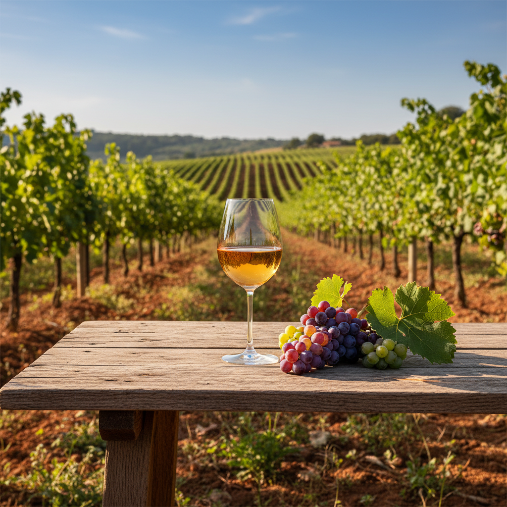 Taça de vinho natural âmbar em mesa rústica de madeira em um vinhedo orgânico sob luz solar.