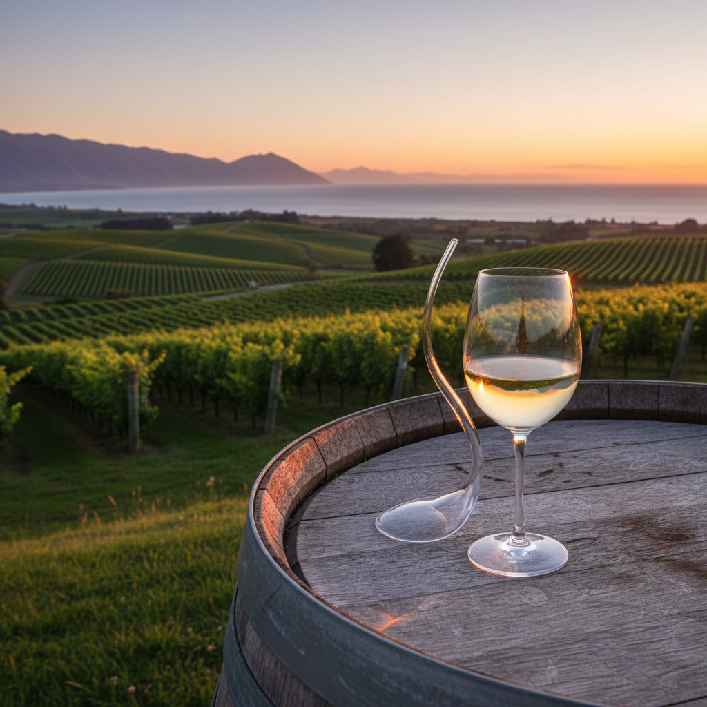 Um elegante copo de vinho branco repousando sobre um barril de madeira em um vinhedo exuberante da Nova Zelândia ao pôr do sol, com colinas ondulantes e o oceano ao fundo.