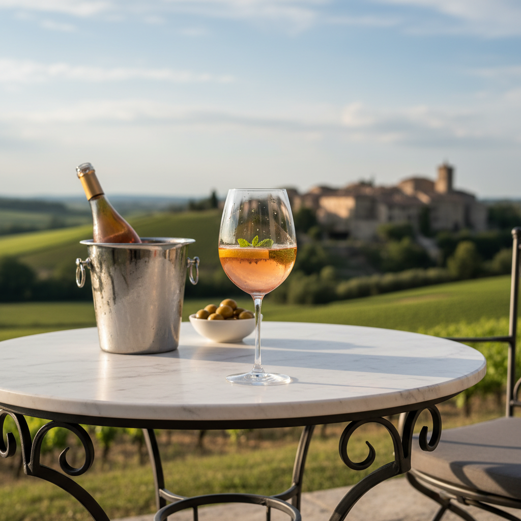 Taça de vinho rosé vibrante em uma mesa de pátio, com um vinhedo europeu pitoresco e uma vila ao fundo, transmitindo uma sensação de viagem e relaxamento.