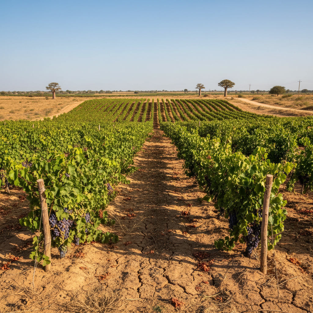Vinhedo ensolarado no Senegal, mostrando as videiras em solo árido sob um céu azul, destacando o terroir africano.