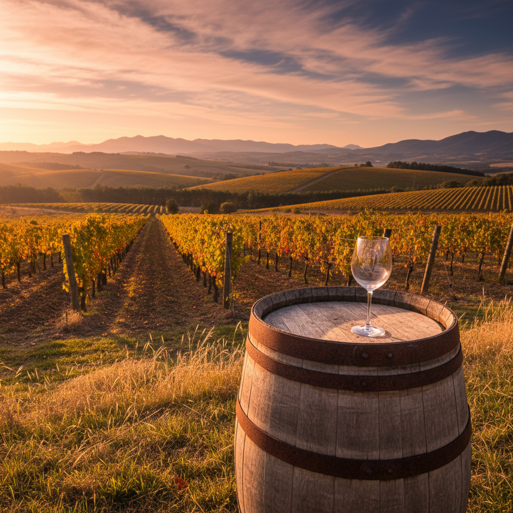 Vinhedo sul-africano exuberante ao pôr do sol, com um barril de carvalho e uma taça de vinho, simbolizando a riqueza vinícola da região.