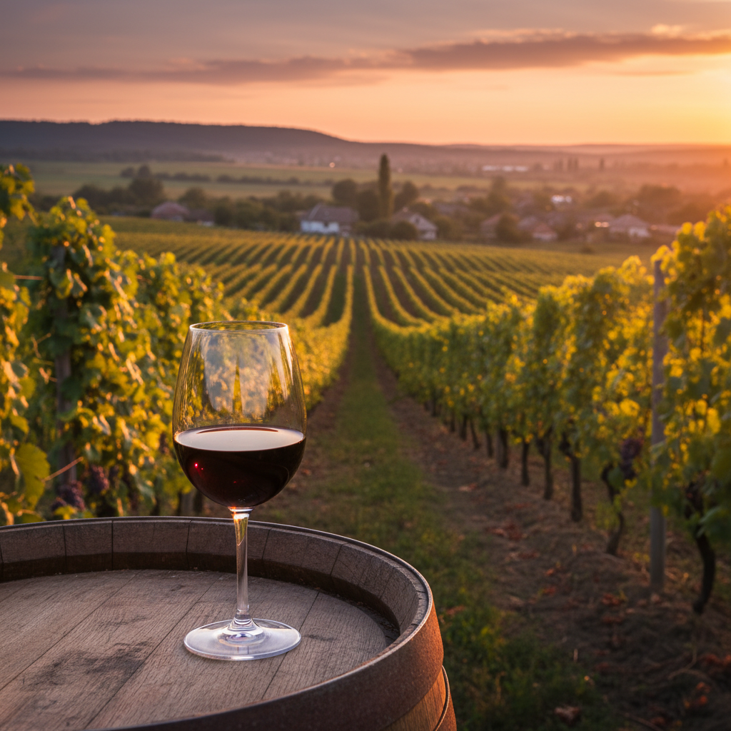 Vinhedo ucraniano exuberante ao pôr do sol, com uma taça de vinho tinto sobre um barril de carvalho, pronto para degustação.