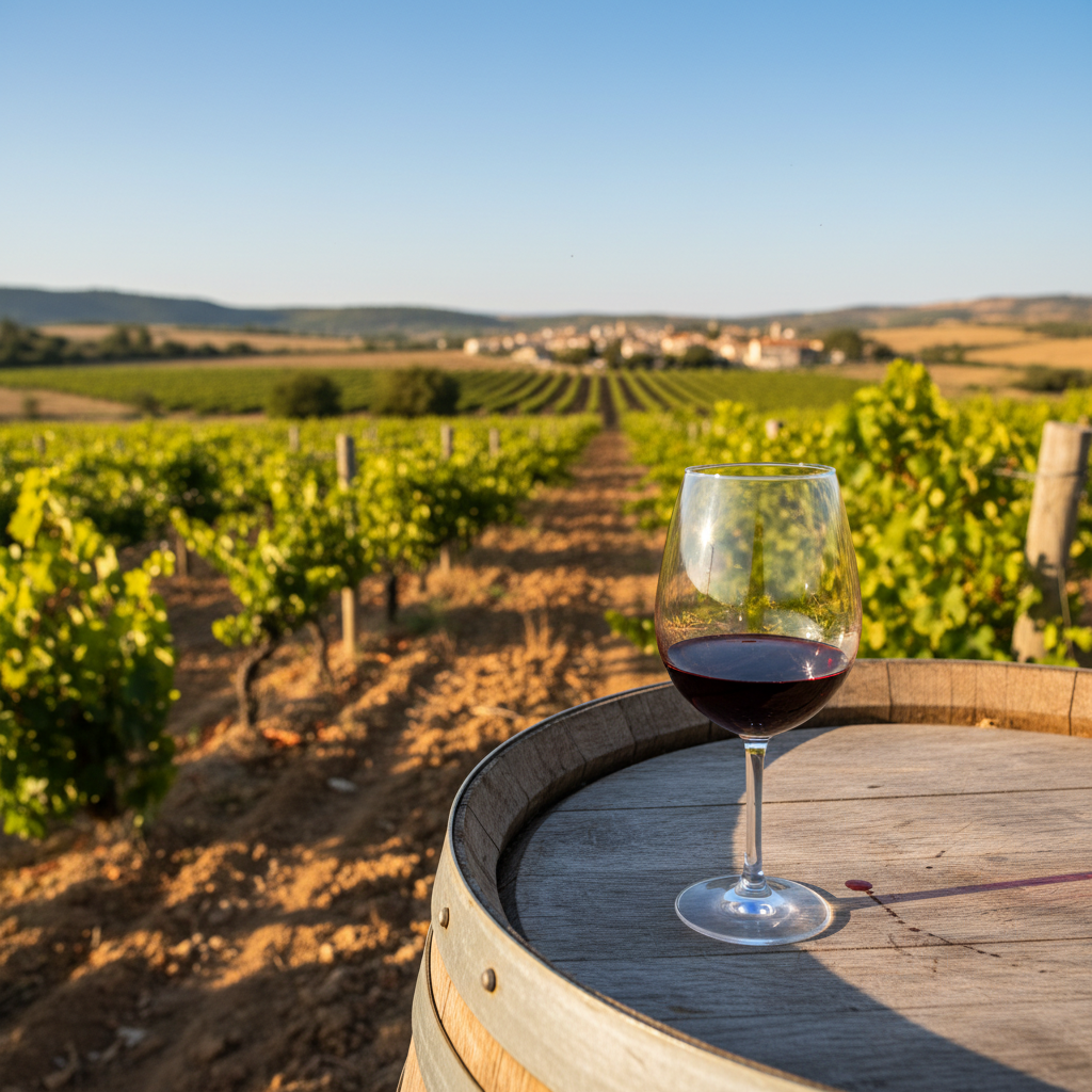 Taça de vinho tinto sobre um barril de madeira em um vinhedo ensolarado de Chipre, com parreiras ao fundo.