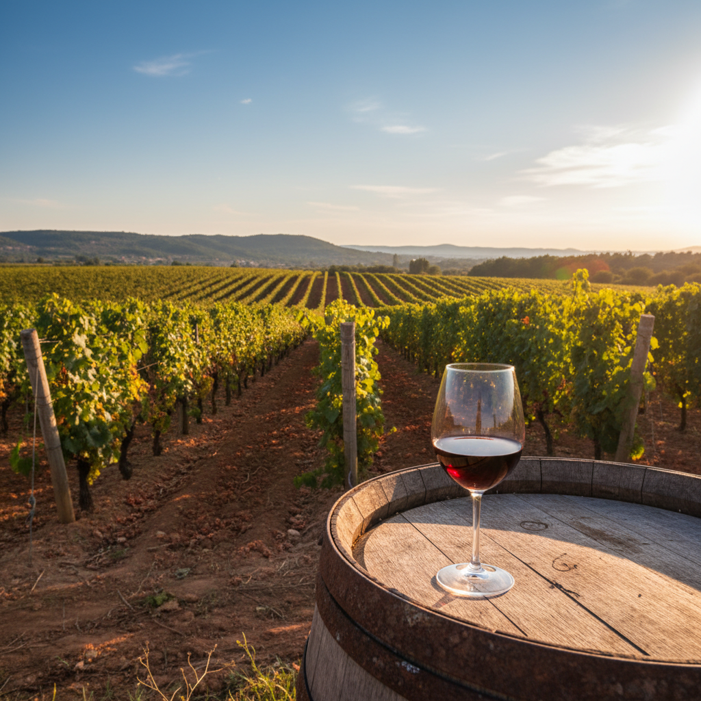 Vinhedo montenegrino ao pôr do sol com taça de vinho tinto sobre barril de carvalho, destacando a beleza da paisagem vitivinícola.