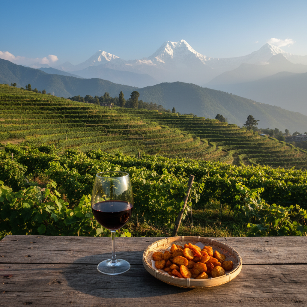 Vinhedo exuberante nas montanhas do Nepal, com vinhas em terraços e picos nevados ao fundo, e uma taça de vinho tinto sobre uma mesa rústica, representando o enoturismo local.