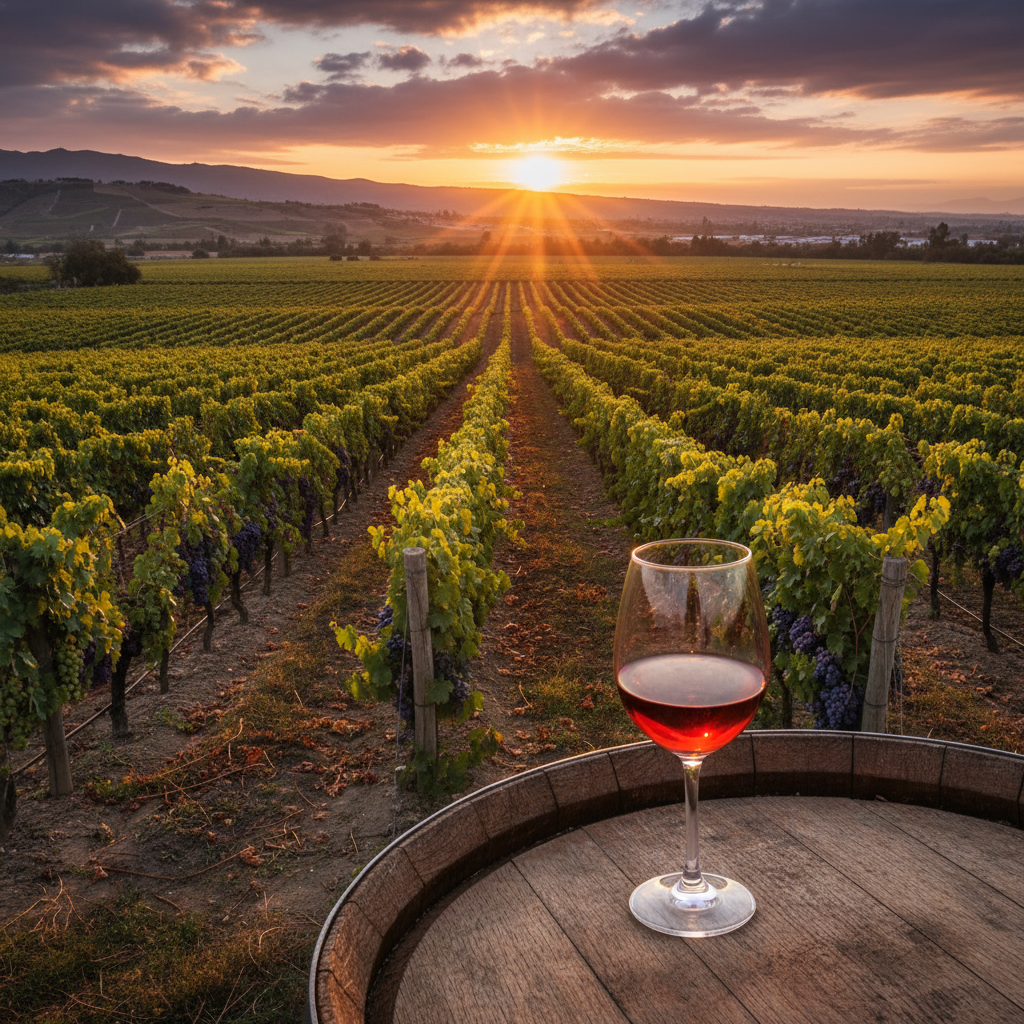 Vinhedo exuberante no Vale de Ica, Peru, ao pôr do sol, com uma taça de vinho tinto sobre um barril de madeira rústico, destacando a paisagem vinícola peruana.