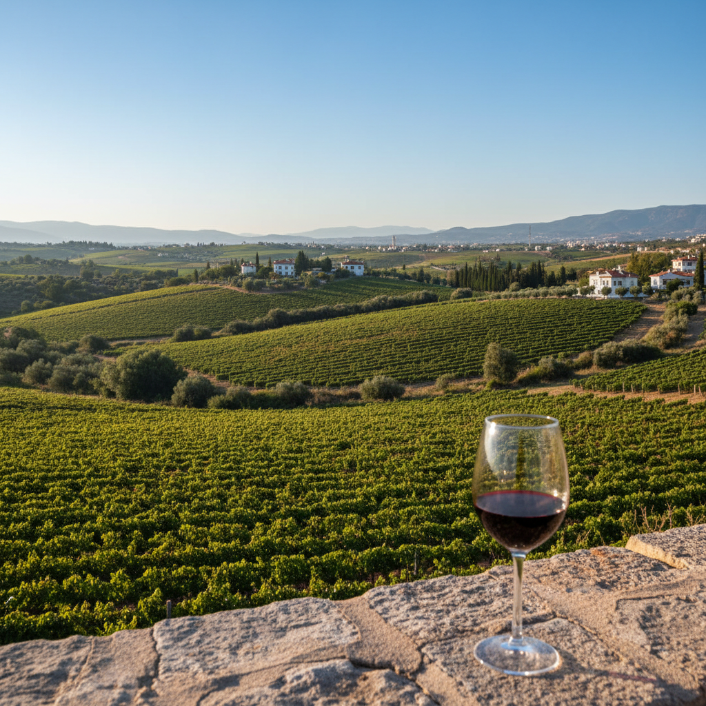 Vinhedo ensolarado na Turquia com uma taça de vinho tinto, destacando a beleza do enoturismo e as paisagens vinícolas turcas.