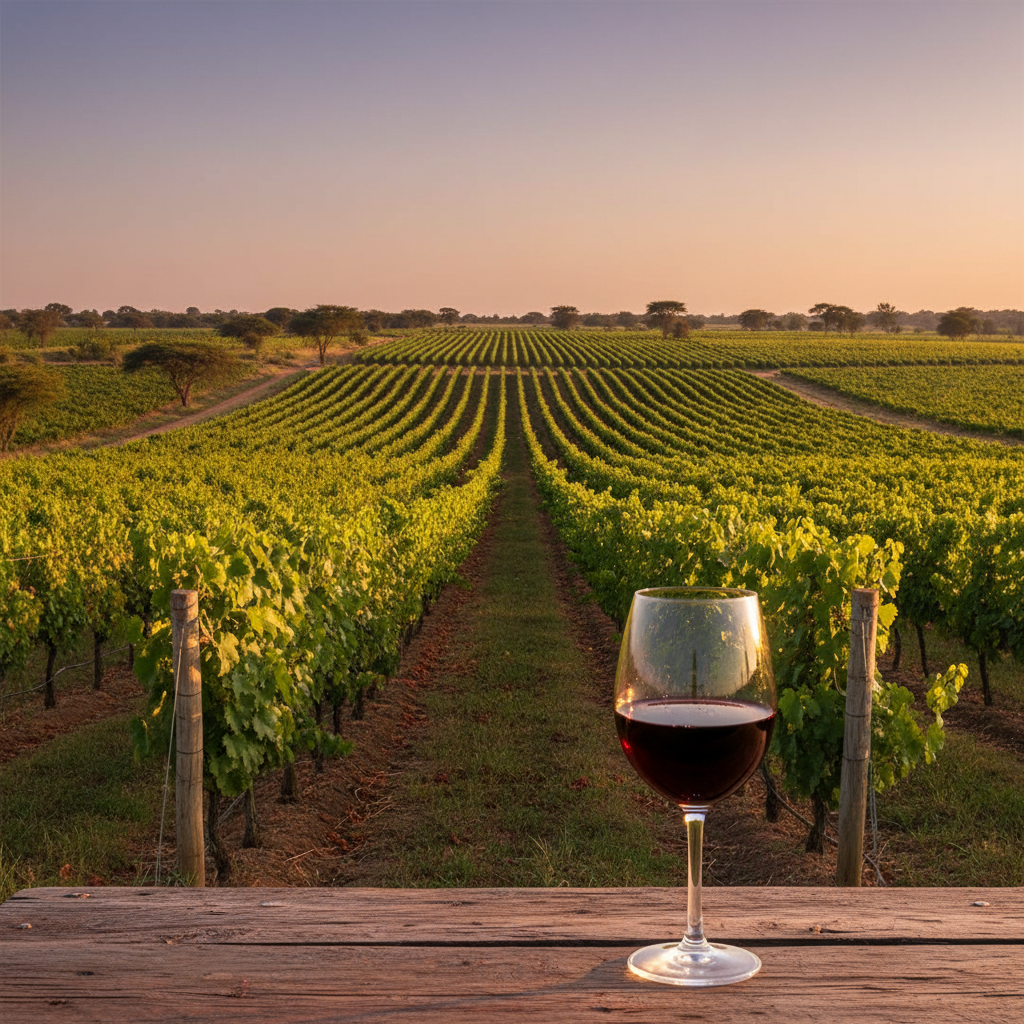 Vinhedo ensolarado na Zâmbia com um copo de vinho tinto em uma mesa de madeira, refletindo a luz dourada do pôr do sol.