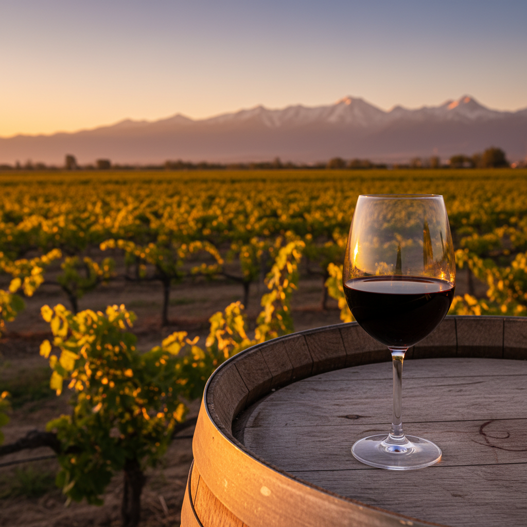 Vinhedo de Mendoza ao pôr do sol com taça de vinho tinto sobre barril de carvalho, mostrando a beleza da região.
