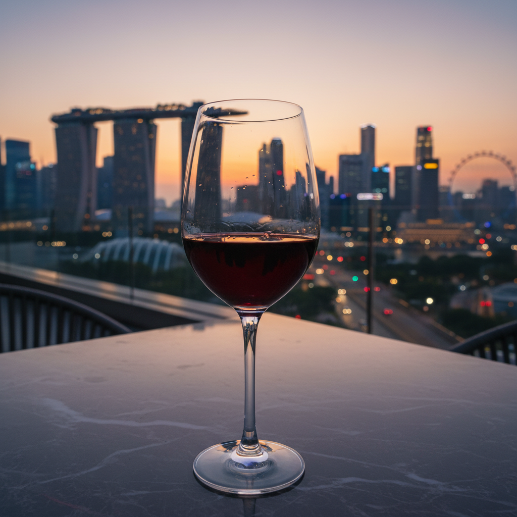 Taça de vinho tinto em varanda moderna com vista para o horizonte urbano de Singapura ao pôr do sol
