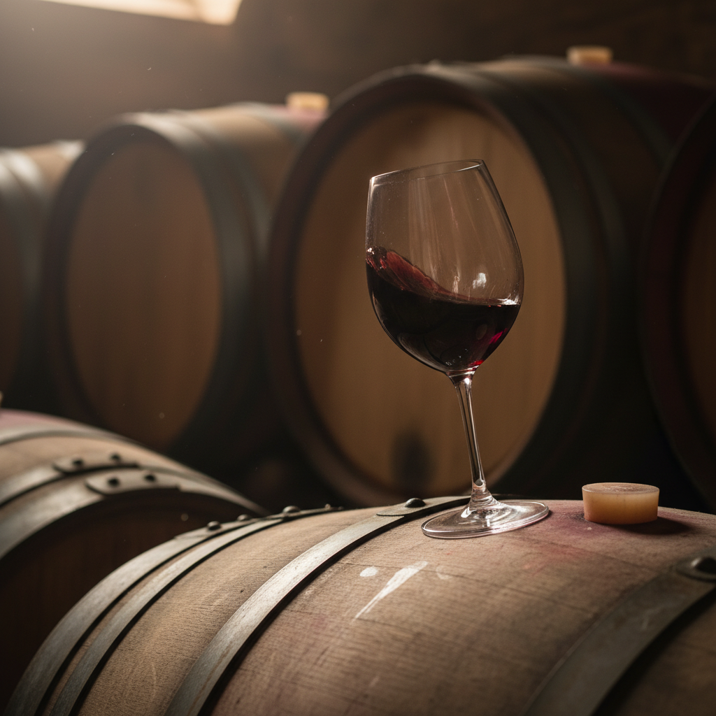 Taça de vinho tinto Merlot com cor rubi intensa sobre um barril de carvalho em adega, com outros barris ao fundo.