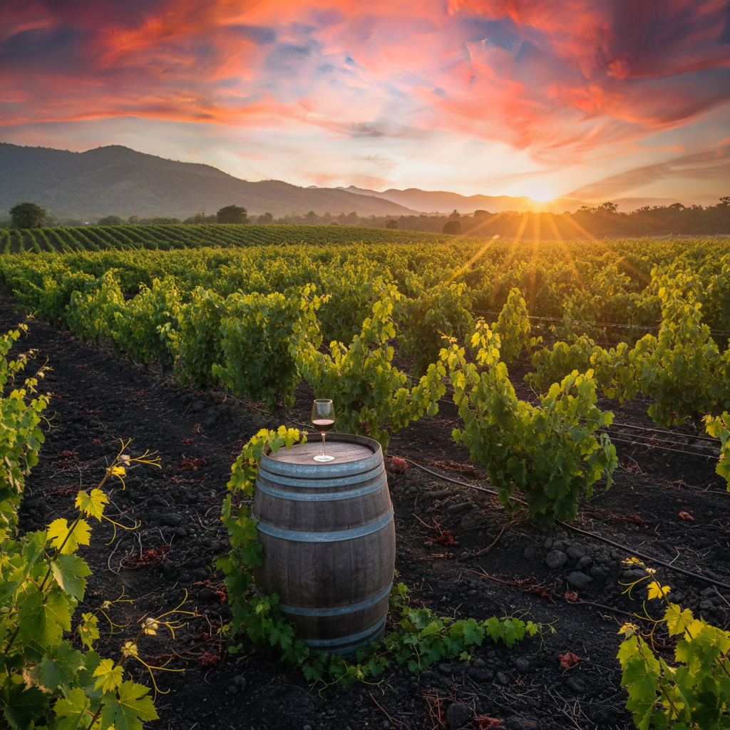 Vinhedo exuberante de uma microvinícola em El Salvador, com videiras verdes em solo vulcânico e um barril de carvalho rústico sob um céu vibrante, simbolizando a paixão pela viticultura local.