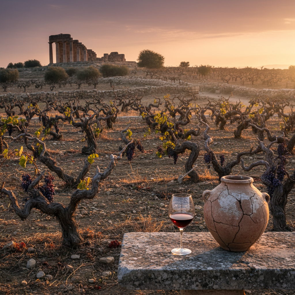 Vinhedo antigo em Chipre ao pôr do sol, com ruínas de pedra e uma taça de vinho tinto ao lado de uma ânfora de argila, evocando a herança mítica e vinícola da ilha.