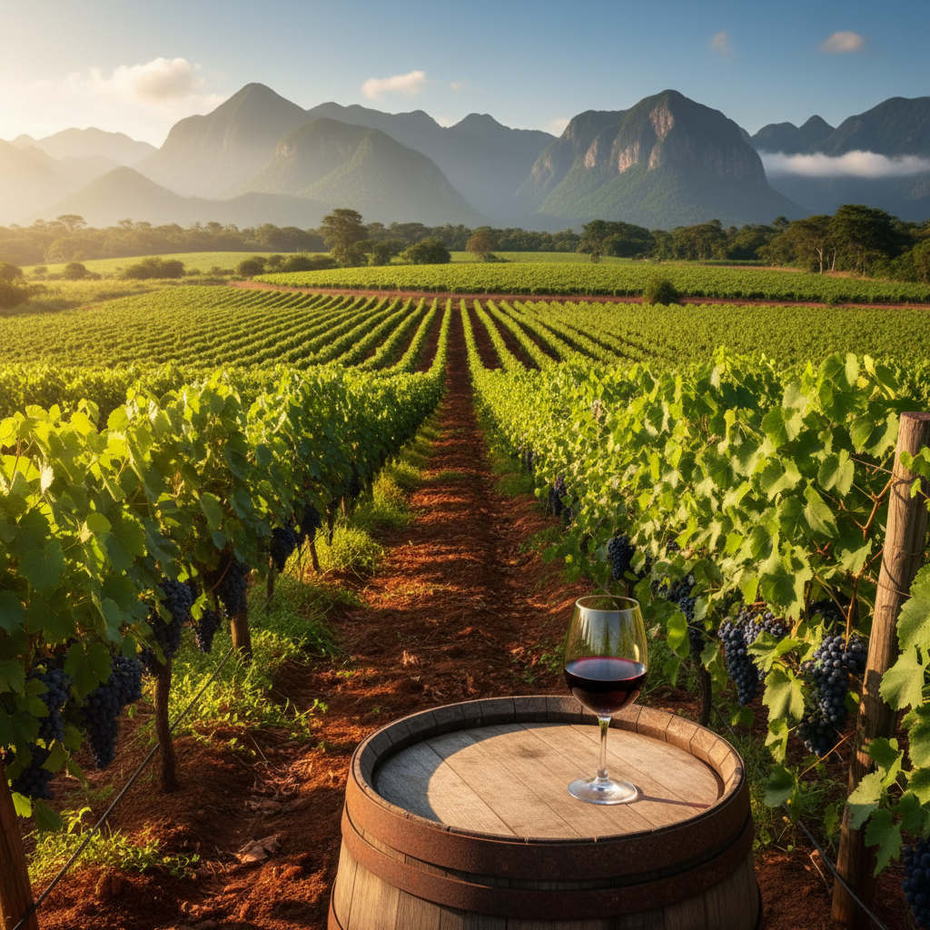 Vinhedo exuberante sob o sol tropical da Venezuela, com um copo de vinho tinto e um barril de madeira, simbolizando a produção vinícola local.